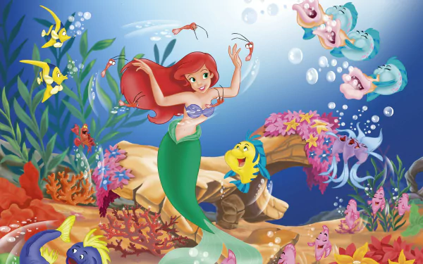 HD PC desktop wallpaper featuring Disney's Ariel from the video game Ariel: The Little Mermaid, surrounded by colorful underwater sea life and coral.