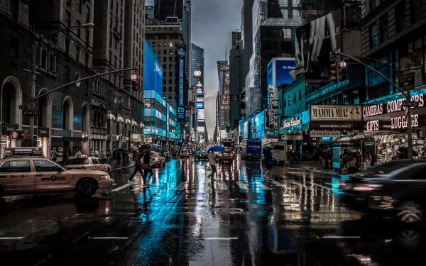 A rainy night in New York City, showcasing vibrant lights reflecting on wet streets, with pedestrians and vehicles adding life to the man-made urban landscape. 4K Ultra HD quality.