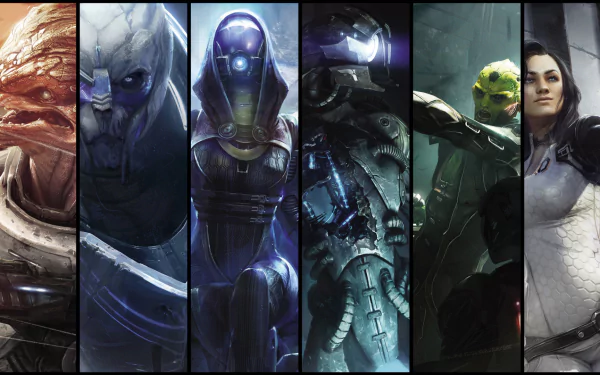 HD PC desktop wallpaper featuring Mass Effect 2 characters Garrus Vakarian, Thane Krios, Legion, Miranda Lawson, and Grunt in dynamic, detailed artwork.