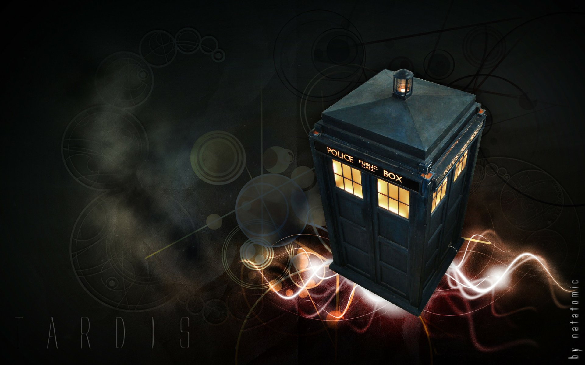 HD PC desktop wallpaper featuring the iconic Doctor Who (2005) TARDIS, glowing against a dark, smoky background with dynamic light trails.