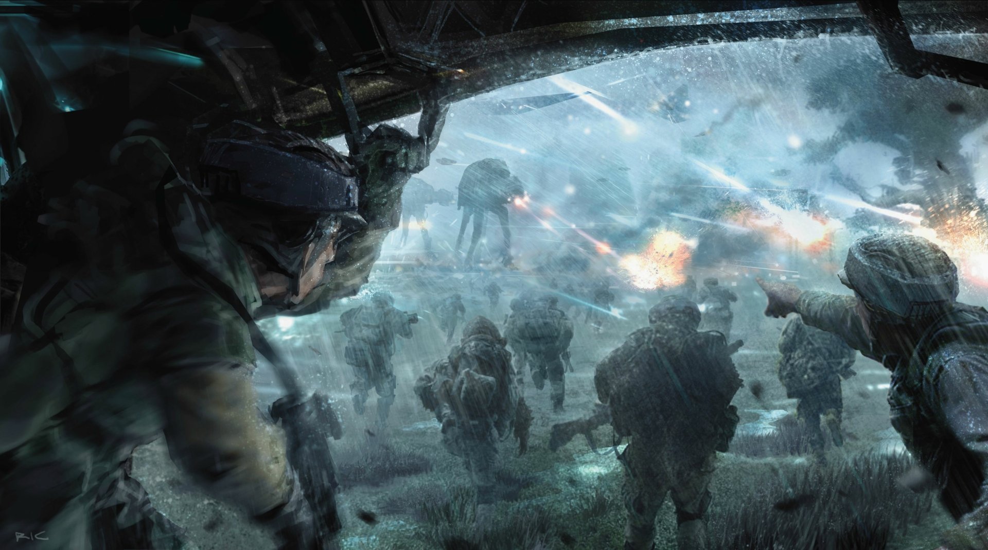 A dramatic scene from *Rogue One: A Star Wars Story*, featuring soldiers in battle amidst explosions and AT-AT walkers, encapsulating the intensity of this sci-fi universe.
