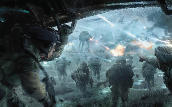 A dramatic scene from *Rogue One: A Star Wars Story*, featuring soldiers in battle amidst explosions and AT-AT walkers, encapsulating the intensity of this sci-fi universe.