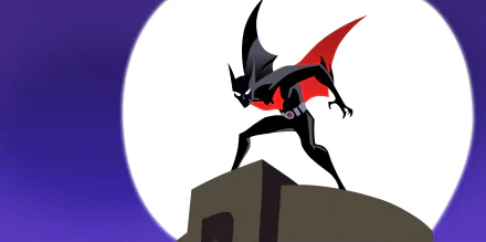 HD PC desktop wallpaper featuring Batman Beyond from the TV show, poised on a rooftop against a large, glowing moon backdrop.