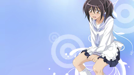 A vibrant HD desktop wallpaper featuring Ayuzawa Misaki from the anime Maid Sama! with a soft blue background and playful circular designs, captures her expressive demeanor beautifully.
