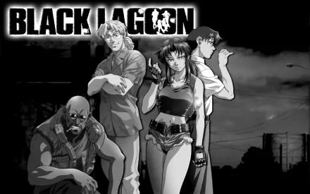 A striking HD desktop wallpaper featuring Revy and other key characters from the anime Black Lagoon, set against a moody black and white backdrop.