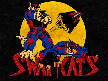 HD PC desktop wallpaper featuring characters from the TV show SWAT Kats: The Radical Squadron against a bold yellow moon background with the show's title.