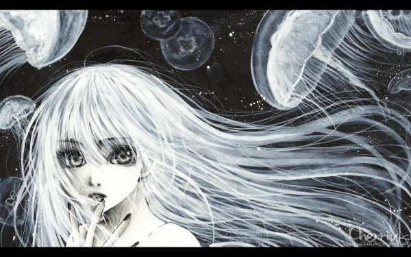 A captivating anime-inspired HD wallpaper featuring a girl with flowing hair, set against a backdrop of ethereal jellyfish in watercolor style.