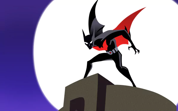 HD PC desktop wallpaper featuring Batman Beyond from the TV show, poised on a rooftop against a large, glowing moon backdrop.