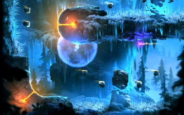 HD desktop wallpaper from Ori and the Blind Forest featuring a mystical snow-covered forest landscape with glowing elements.
