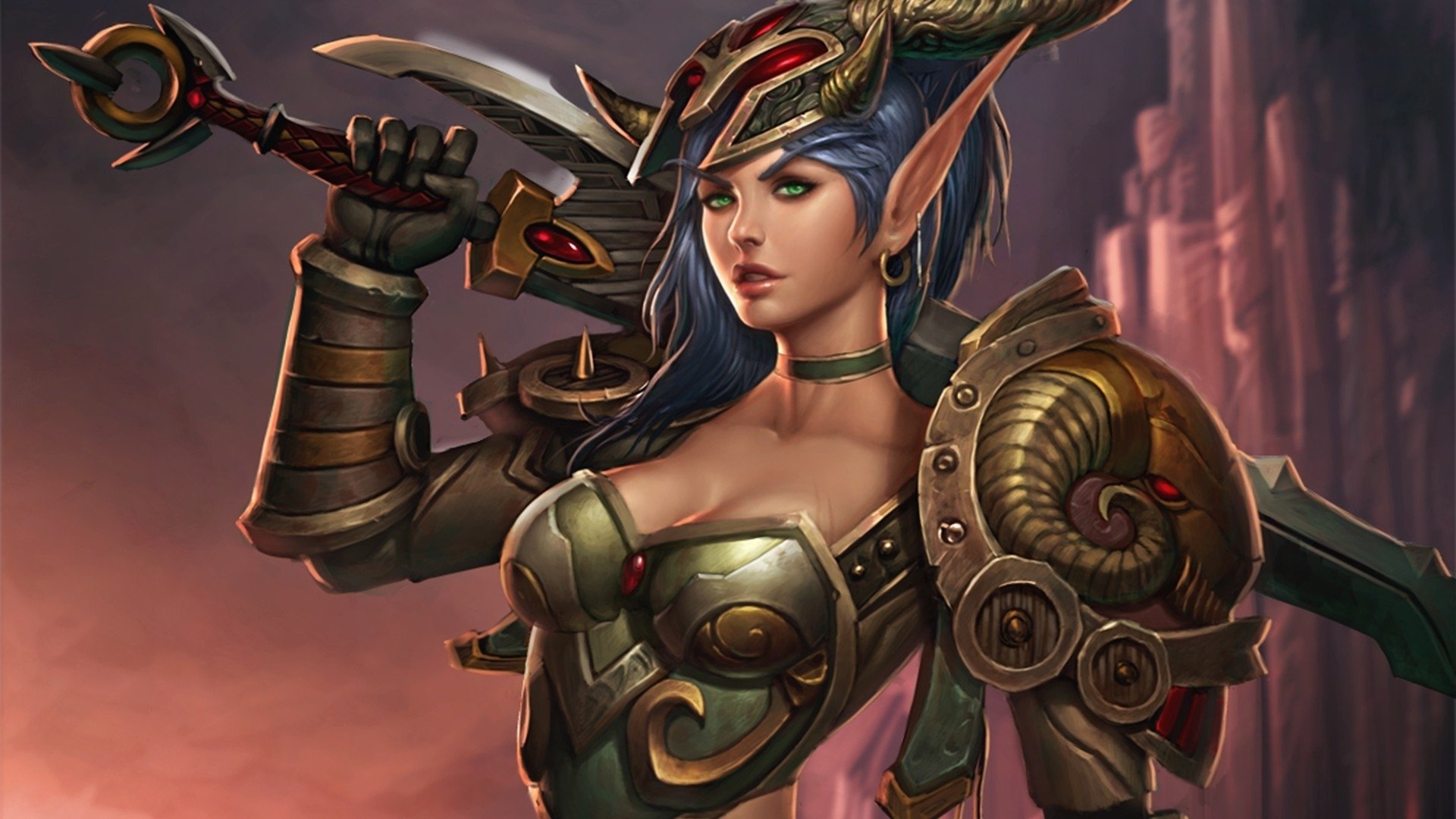 A stunning HD wallpaper featuring a fierce character from World of Warcraft, showcasing intricate armor and a determined expression set against a dramatic background.