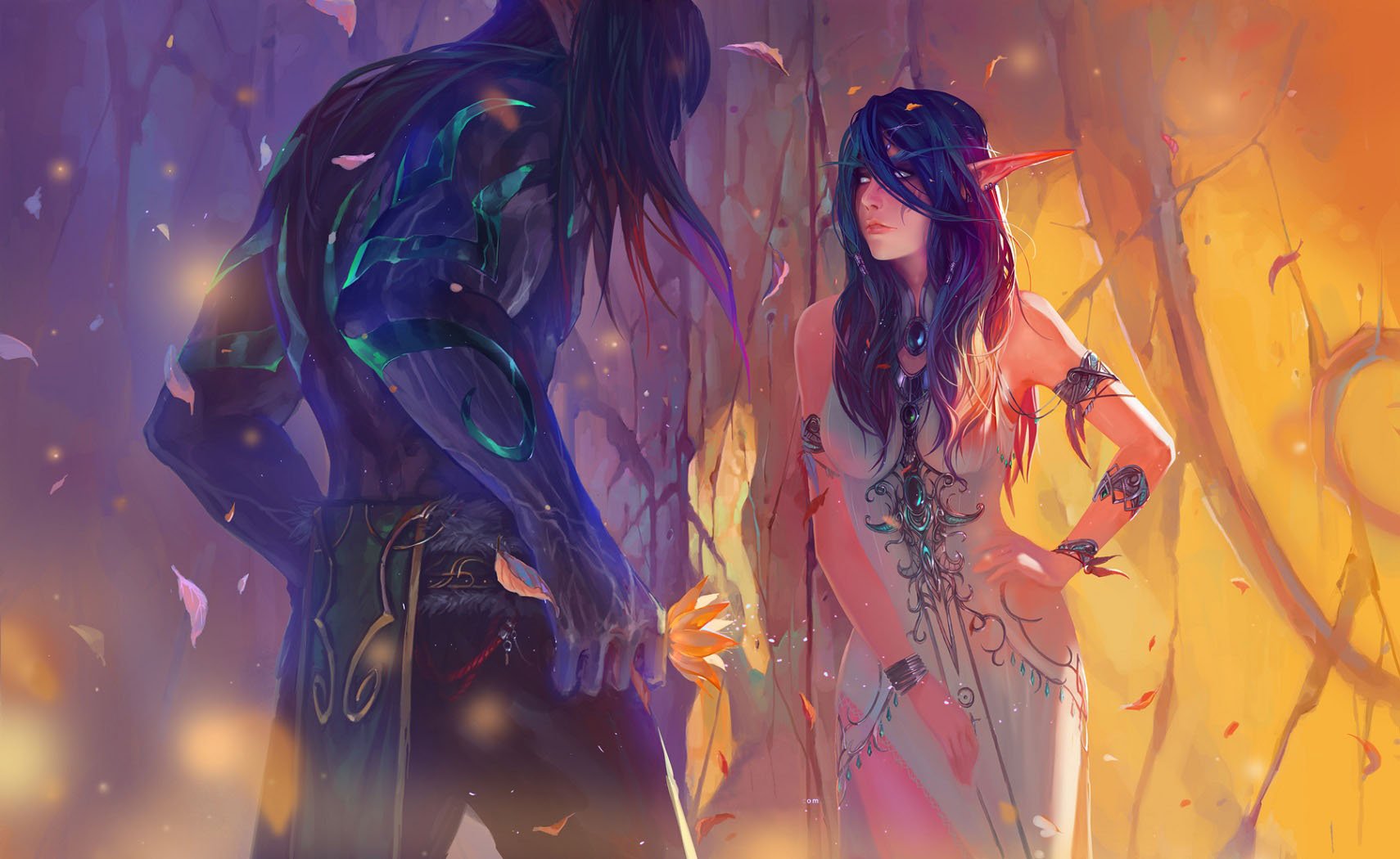 Tyrande Whisperwind and Illidan Stormrage stand together in a vibrant forest scene, capturing the essence of their dynamic relationship in the World of Warcraft universe.