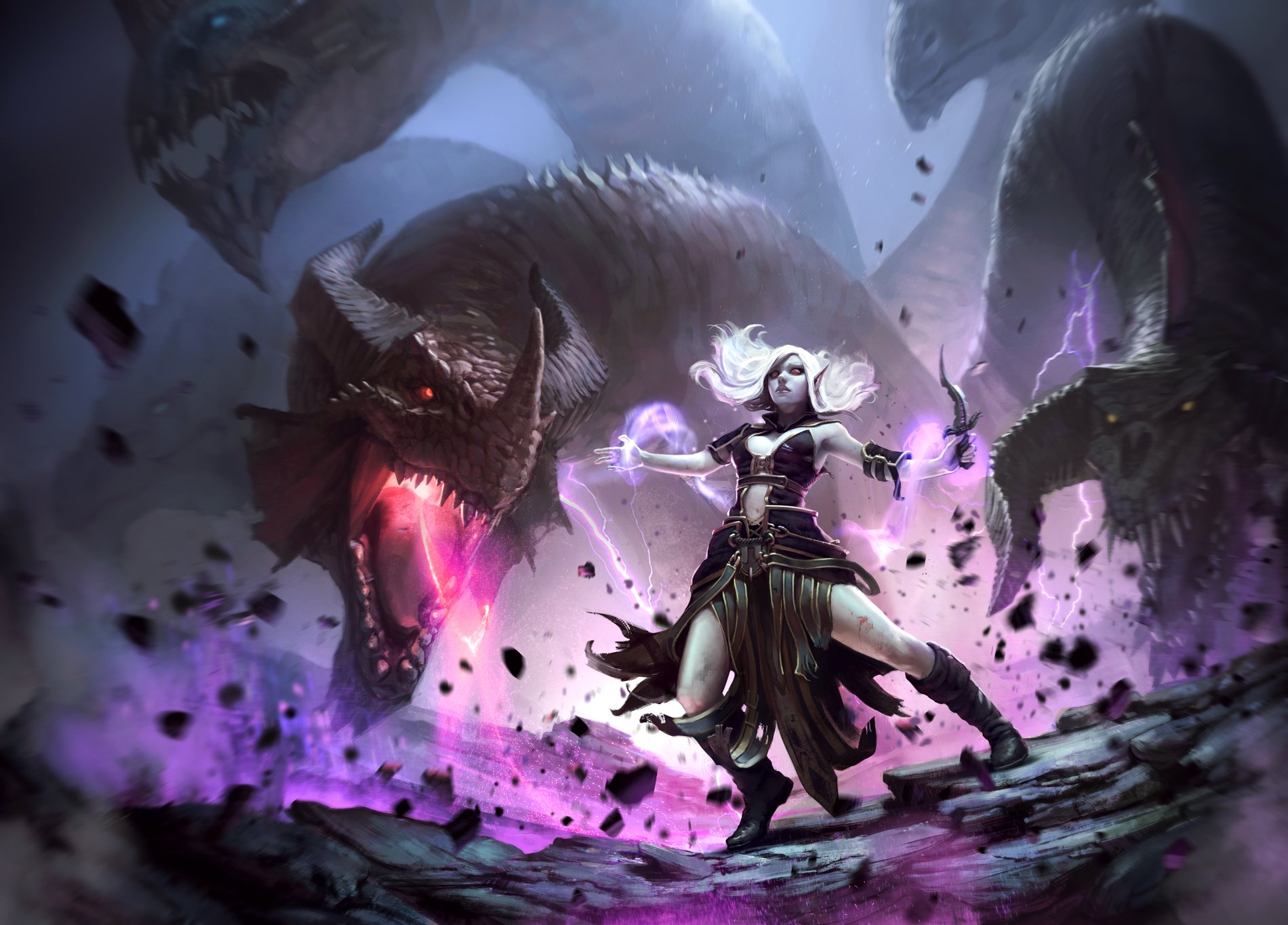 A fantasy-themed HD desktop wallpaper featuring a powerful sorceress confronting formidable dragons amidst swirling energy and dramatic lighting.