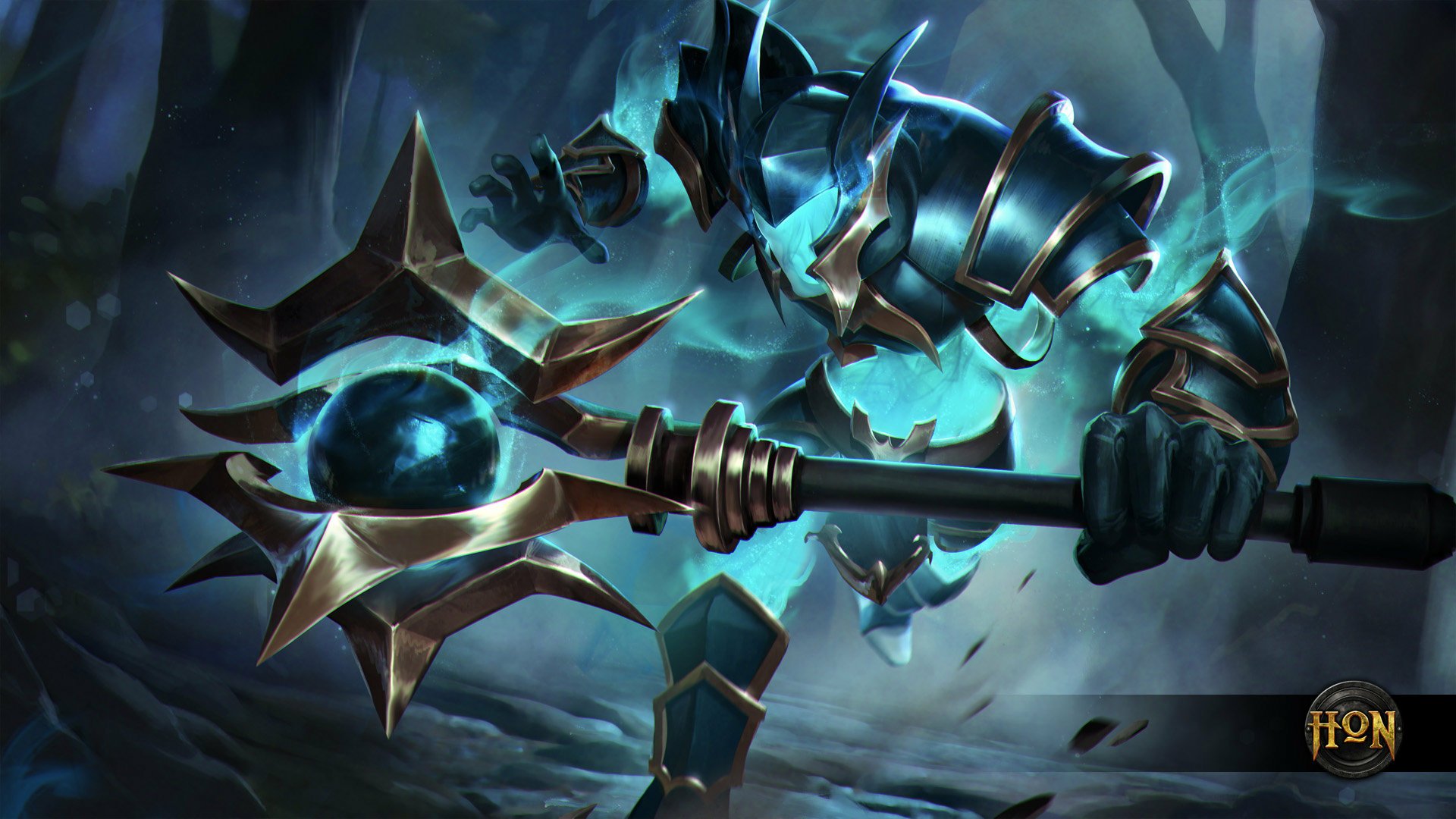 HD PC desktop wallpaper and background of a Heroes of Newerth video game: a glowing blue armored spectral knight lunging with a spiked mace through a misty forest.