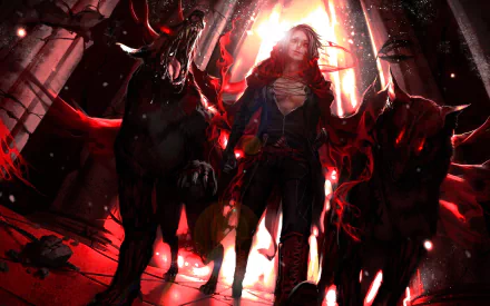 HD anime original artwork featuring a dark, intense scene with a central figure flanked by two menacing, demonic beasts in a dramatic, fiery environment.