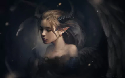 HD desktop wallpaper featuring a fantasy demon character with horns and elf-like ears, set against a dark, atmospheric backdrop with floating particles.