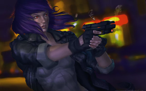 4K Ultra HD anime wallpaper featuring a dynamic scene from Ghost in the Shell with a character wielding a glowing gun against a blurred night city background.