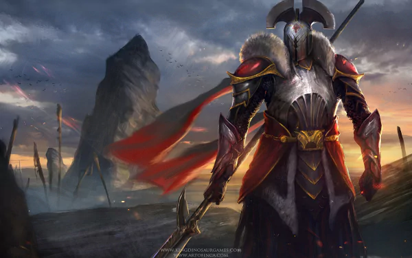 A fantasy warrior in detailed armor and helmet stands with a spear against a moody landscape, captured in HD for a striking PC desktop wallpaper.