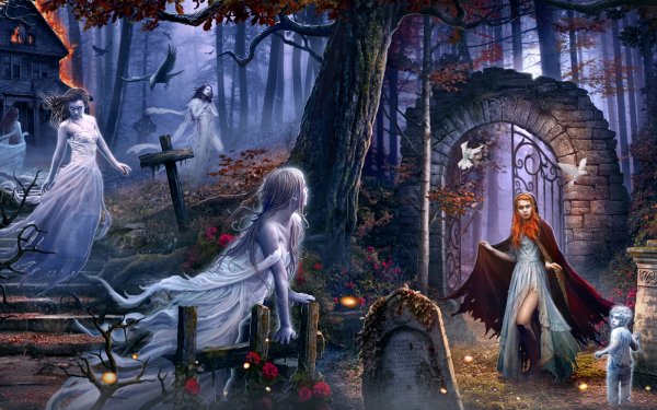 Dark Ghost Fantasy Cemetery Graveyard Child Headstone Cross HD Wallpaper | Background Image