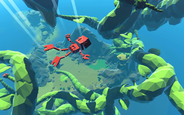 HD desktop wallpaper of the game Grow Home, featuring the red robot BUD climbing giant green star plants in a vibrant blue sky.