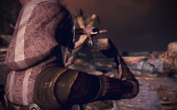 HD PC desktop wallpaper featuring Tali'Zorah from the Mass Effect video game, showing her in detailed armor with a rocky, alien landscape background.