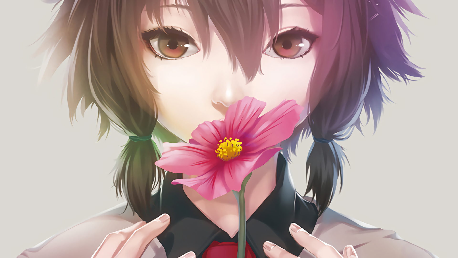 Anime girl looking at a pink flower by ニリツ