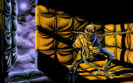 HD PC desktop wallpaper featuring Iron Maiden's iconic skeletal figure chained in a padded room, blending dark music themes with intense, vivid artwork.