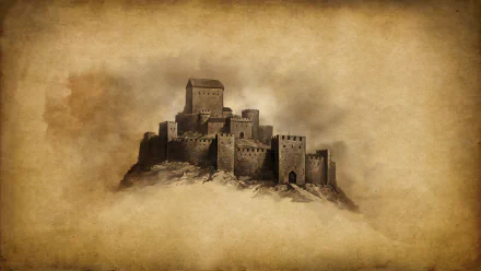HD PC desktop wallpaper and background: Mount & Blade video game scene of a sepia, parchment-style hilltop fortress rising from mist.