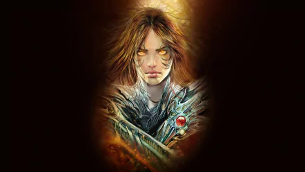 HD PC desktop wallpaper featuring a dramatic comic-style portrayal of Witchblade with intense eyes and intricate armor glowing in fiery tones.