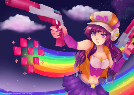2K Quad HD PC desktop wallpaper: Miss Fortune (League of Legends) in a rainbow-themed outfit, dual-wielding pistols against a starry night sky — video game League of Legends background.