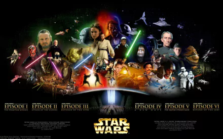 A vibrant HD desktop wallpaper featuring iconic characters and scenes from the Star Wars saga, showcasing elements from multiple episodes against a cosmic background.