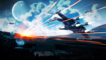 HD PC desktop wallpaper featuring a dynamic Star Wars sci-fi space battle with starfighters firing lasers against a glowing moonlit sky.