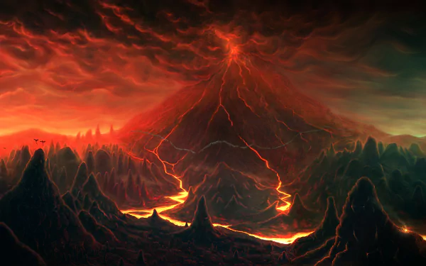 A striking HD desktop wallpaper featuring a fiery volcanic landscape inspired by The Elder Scrolls III: Morrowind, showcasing dramatic reds and dark silhouettes against a tumultuous sky.
