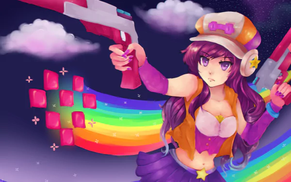 2K Quad HD PC desktop wallpaper: Miss Fortune (League of Legends) in a rainbow-themed outfit, dual-wielding pistols against a starry night sky — video game League of Legends background.