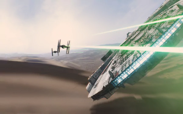 An HD desktop wallpaper featuring the Millennium Falcon from Star Wars, engaged in a thrilling battle with a TIE fighter, set against a dramatic sci-fi landscape.