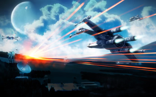 HD PC desktop wallpaper featuring a dynamic Star Wars sci-fi space battle with starfighters firing lasers against a glowing moonlit sky.