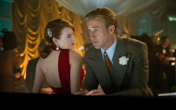 Ryan Gosling and Emma Stone in a stylish scene from the movie Gangster Squad, captured in an HD PC desktop wallpaper and background.