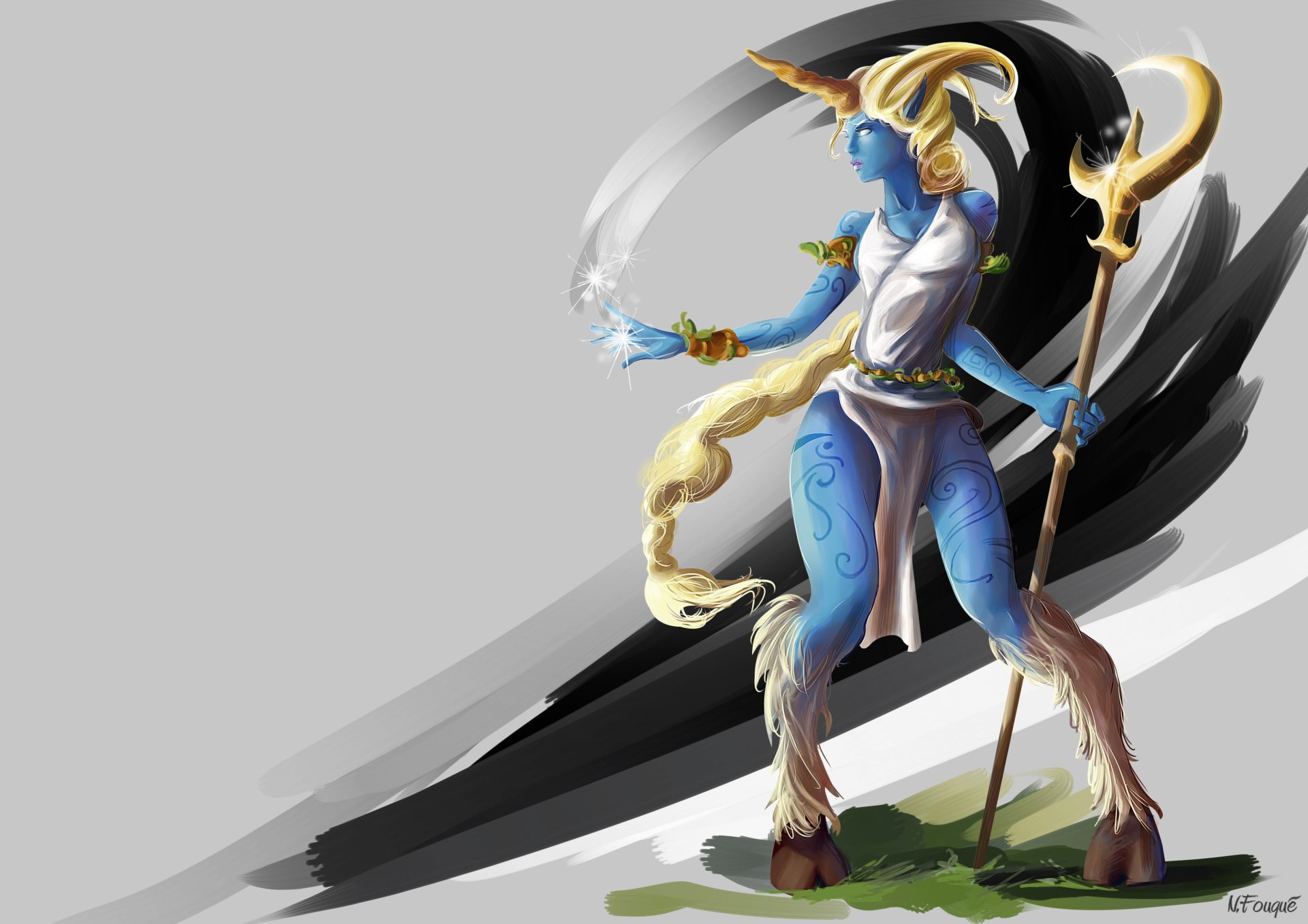 Soraka from League of Legends, blue-skinned celestial support with staff and flowing hair on a rocky outcrop — 4K Ultra HD video game PC desktop wallpaper.