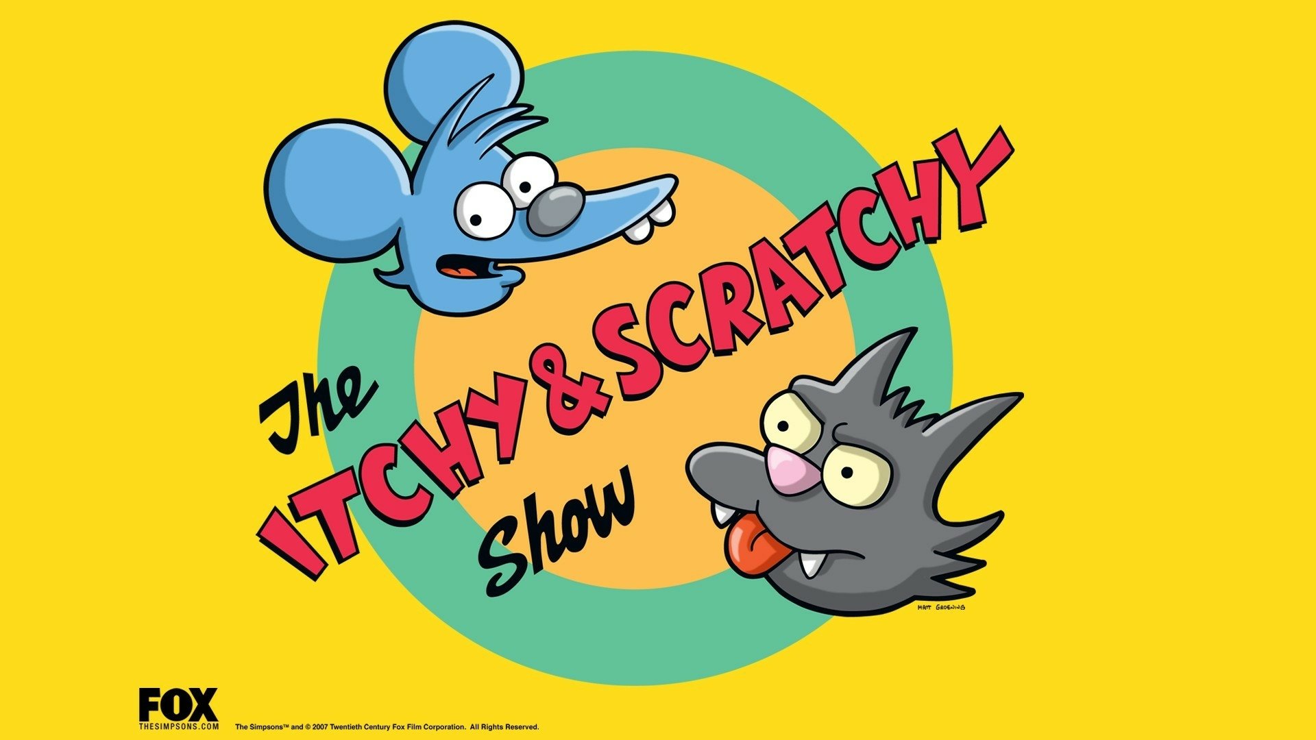 HD PC desktop wallpaper of TV show The Simpsons' Itchy & Scratchy Show: blue mouse and gray cat heads against a yellow backdrop with teal ring and red title text; FOX logo at bottom.