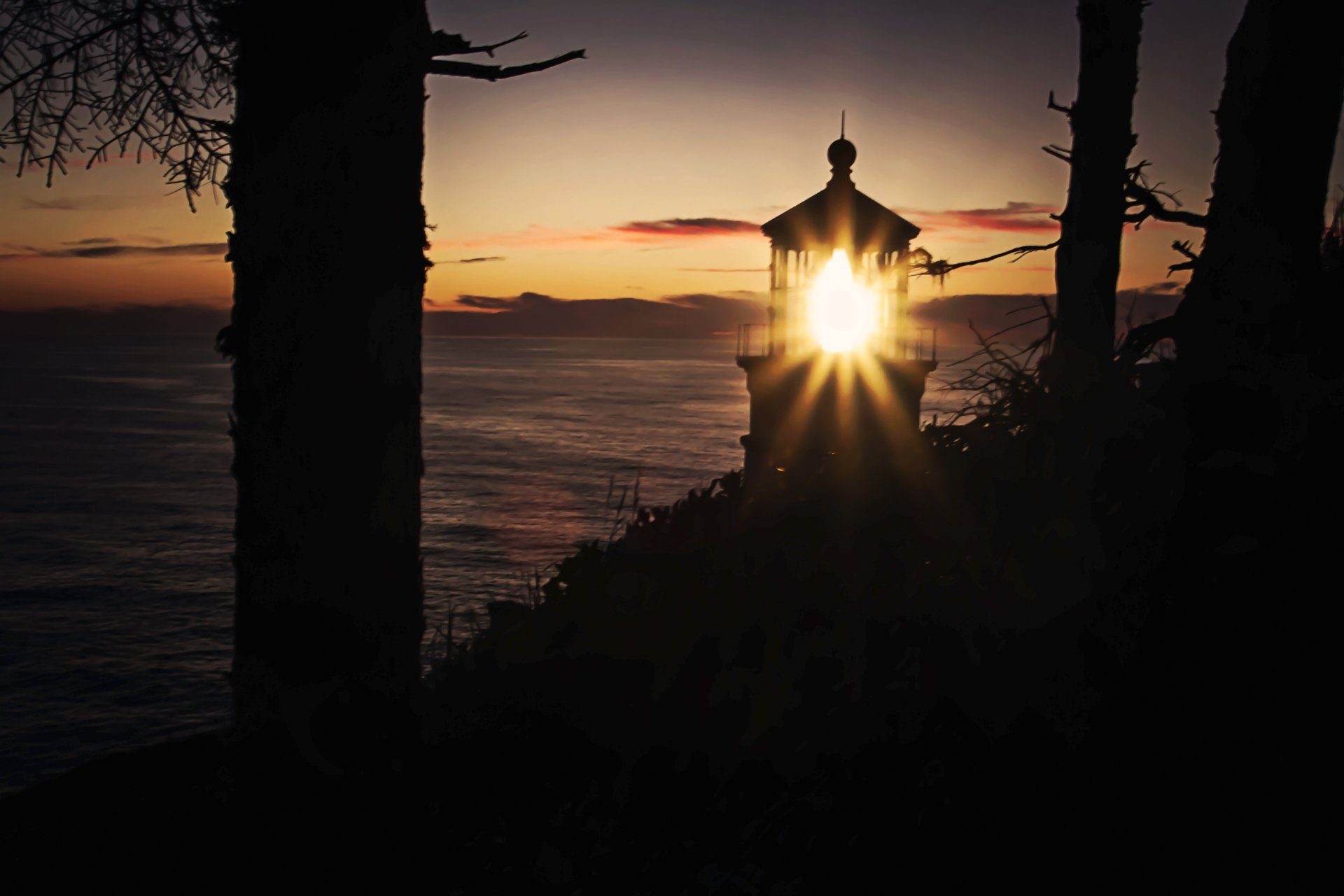 Download Sky Tree Pacific Ocean Sunset Man Made Lighthouse 4k Ultra HD Wallpaper