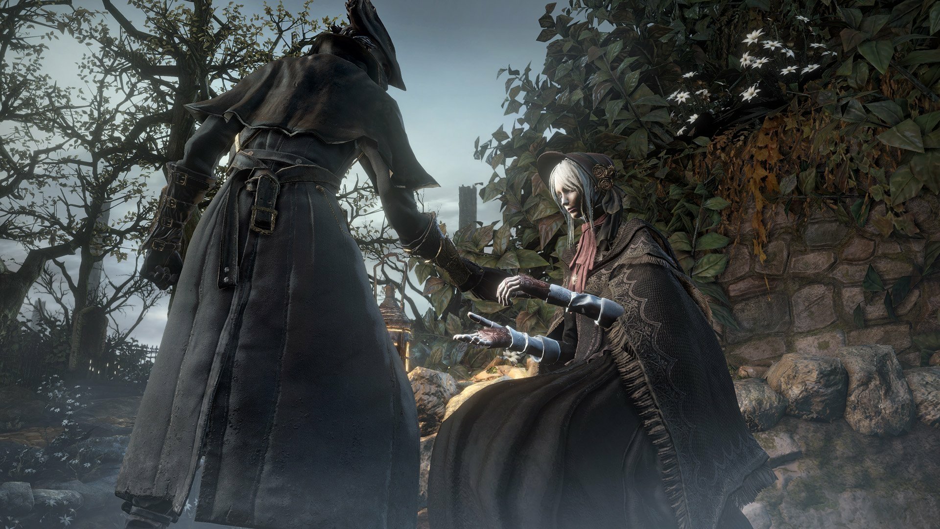 HD PC desktop wallpaper featuring a dark, foggy scene from the video game Bloodborne with two armored characters engaging in a tense encounter.