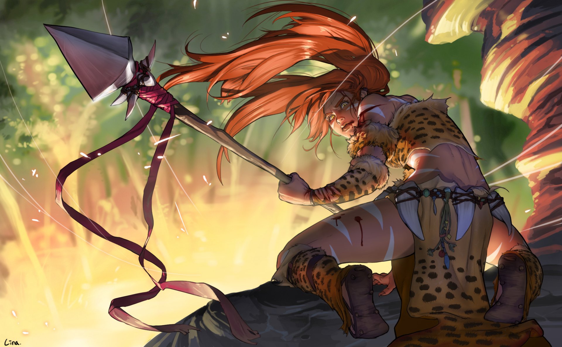 HD PC desktop wallpaper of Nidalee (League of Legends), a video game champion crouched on a rock in jungle light, spear raised, orange hair and leopard-skin attire.