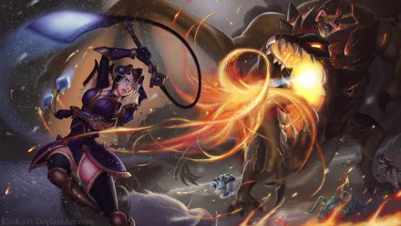 A dynamic League of Legends HD wallpaper featuring Cho'gath, Udyr, Olaf, Teemo, Volibear, and Sejuani engaged in an epic battle against a dragon backdrop.