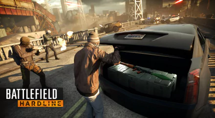 Battlefield: Hardline video game 2K Quad HD PC wallpaper — urban heist: a suspect opens a car trunk while armed officers advance amid a chaotic street shootout.