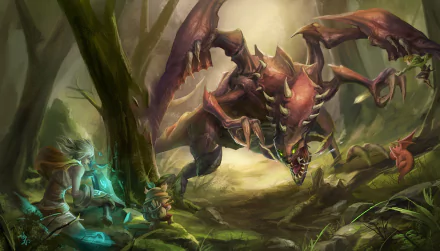 HD League of Legends wallpaper featuring Cho'Gath beast confronting Ezreal, Teemo, and Riven in a dense, mystical woodland setting.