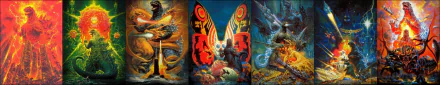 HD desktop wallpaper featuring vibrant artwork of Godzilla and other monsters from the movie, set against dynamic backgrounds in three panels.