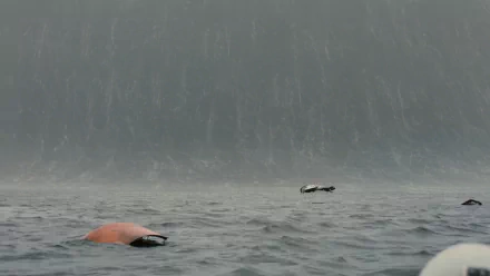 HD PC desktop wallpaper/background from the movie Interstellar: a colossal tsunami-like wall of water looms over a stormy ocean with debris and a tiny craft on the surface.