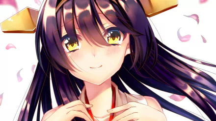 A vibrant HD desktop wallpaper featuring an anime character from Kantai Collection, with long dark hair, golden eyes, and a cheerful expression surrounded by pink petals.