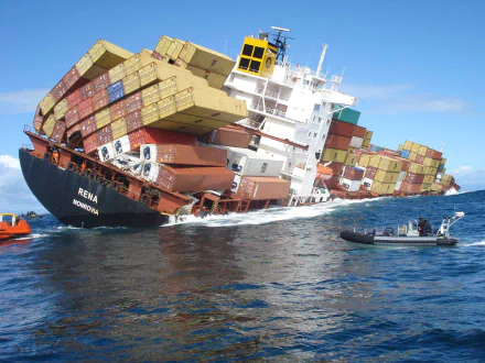 A container ship, heavily tilted and partially submerged, navigates turbulent waters alongside a small boat, creating a striking and dramatic HD desktop wallpaper.