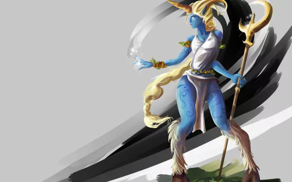 Soraka from League of Legends, blue-skinned celestial support with staff and flowing hair on a rocky outcrop — 4K Ultra HD video game PC desktop wallpaper.
