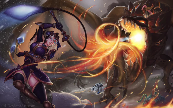 A dynamic League of Legends HD wallpaper featuring Cho'gath, Udyr, Olaf, Teemo, Volibear, and Sejuani engaged in an epic battle against a dragon backdrop.